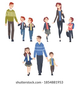 Parents Taking their Children to the School in the Morning, Fathers, Mothers and Kids Walking Together Holding Hands Cartoon Style Vector Illustration