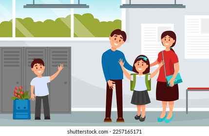 Parents taking their children to the school in morning. First graders going to school cartoon