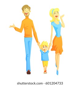 Parents Taking A Walk With Son Holding Hands, Happy Loving Families With Kids Spending Weekend Together Vector Illustration