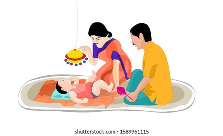 Parents are talking about playing with the baby - Illustration
