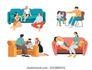 Parents talking to children. Serious conversation parent and child, discussion with teenager father talking explain or scolded son kids sharing problems, vector illustration of parent and child