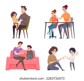 Parents talking. Father and mother have conversations with kids exact vector cartoon templates pictures