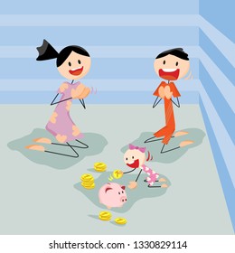 Parents teach children about saving; Flat cartoon concept.