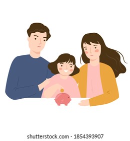 Parents Teach Children To Saving Money. Kid Putting Coin In Piggy Bank Vector Illustration 