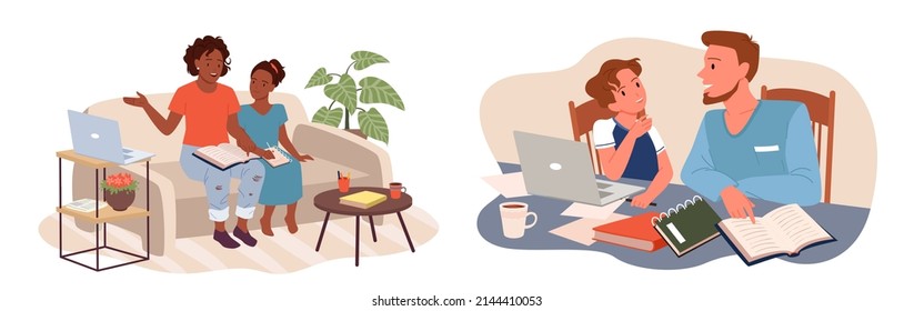 Parents teach kids set, support for children with school homework. Cartoon father and son, mother and daughter study with books or laptop at home flat vector illustration. Education, guidance concept
