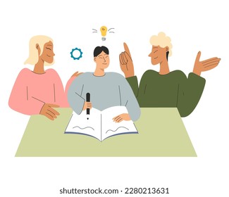 Parents teach lessons with their son. Learning concept vector stock illustration. 