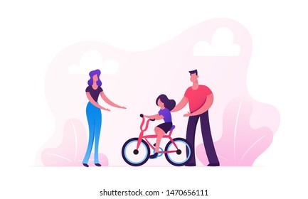 Parents Teaching Child Riding Bicycle in City Park. Happy Family Having Outdoors Activity Spending Time Together on Street. Mother Father and Little Daughter Weekend Cartoon Flat Vector Illustration