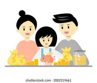 parents teaching daughter to save money. family learning about money cartoon vector