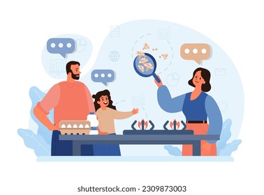 Parents teaching their child how to cook. Family making food in the kitchen together. Kid, mother and father following recipe. Parenting and family bonding. Flat vector illustration