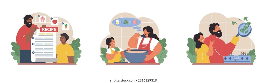 Parents teaching their child how to cook set. Family making food in the kitchen together. Kid, mother and father following recipe. Parenting and family bonding. Flat vector illustration