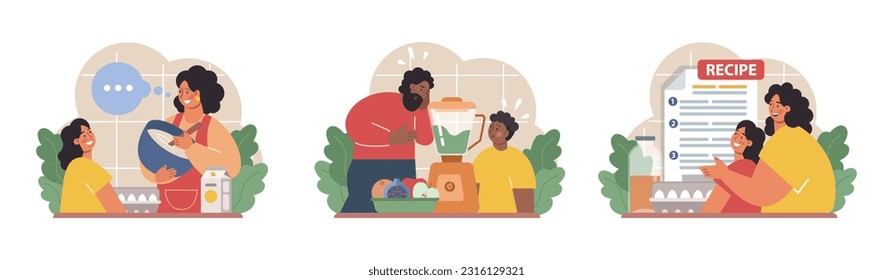 Parents teaching their child how to cook set. Family making food in the kitchen together. Kid, mother and father following recipe. Parenting and family bonding. Flat vector illustration