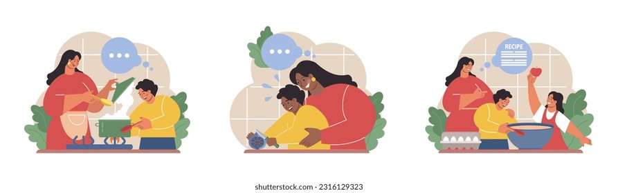 Parents teaching their child how to cook set. Family making food in the kitchen together. Kid, mother and father following recipe. Parenting and family bonding. Flat vector illustration