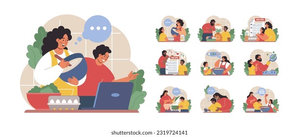 Parents teaching their child how to cook set. Family making food in the kitchen together. Kid, mother and father following recipe. Parenting and family bonding. Flat vector illustration