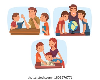 Parents Teaching their Children Set, Mom and Dad Helping their Kids with Homework and Explaining Lesson in Textbook Cartoon Vector Illustration