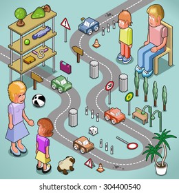 Parents teaching traffic rules to their kids with toy cars (isometric illustration)