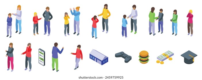 Parents teenagers conflicts icons set isometric vector. Stress trouble. Violence shout