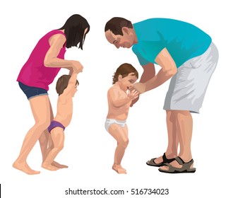 Parents with their babies. Walk learning with mother and father support. Vector color illustration.