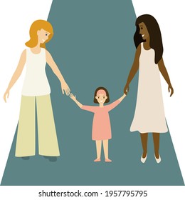 Parents and their child walk. Lesbian couple with daughter. Happy family portrait. Isolated vector illustration. 