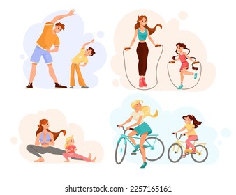 Parents with Their Children Doing Sport and Physical Exercise Vector Set