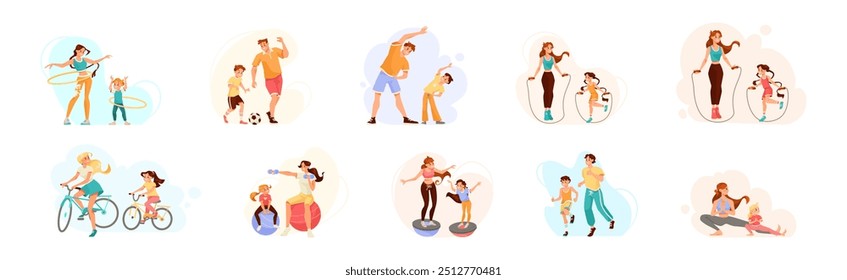 Los padres con sus hijos haciendo deporte y ejercicio físico Vector Set