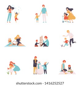 Parents and Their Children Spending Good Time Together Set, Happy Family Outdoor Activities Vector Illustration