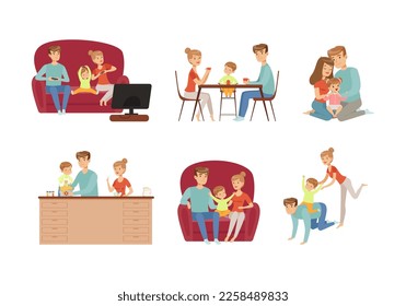 Parents with Their Children Spending Good Time Together Playing Computer Game, Eating, Sitting in Armchair and Cooking Vector Set