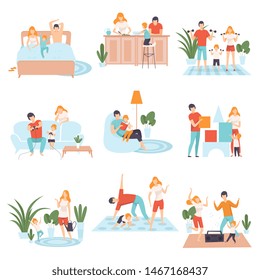 Parents and Their Kid in Everyday Life at Home Set, Family Cooking, Reading Books, Doing Sports, Playing Games, Dancing Together Vector Illustration