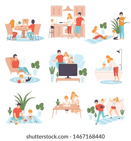 Parents and Their Kid in Everyday Life at Home Set, Family Cooking, Eating, Reading Books, Watching TV, Playing Games Together Vector Illustration