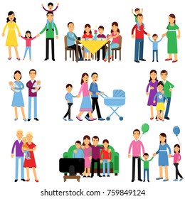 Parents and their kids in different situations set, happy family concept vector Illustrations