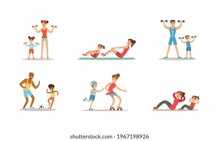 Parents and their Kids Doing Sports Together Set, Families Exercising with Dumbbells, PLaying Soccer, Rollerblading Cartoon Vector Illustration