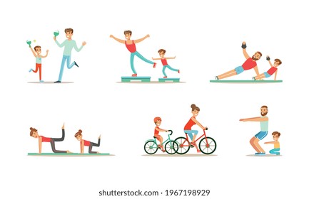 Parents and their Kids Doing Sports Together Set, Families Playing Table Tennis, Riding Bicycles and Squatting Cartoon Vector Illustration