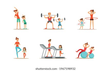 Parents and their Kids Doing Sports Together Set, Families Exercising with Barbell, Spinning Hula Hoop, Doing Yoga, Running on Treadmill Cartoon Vector Illustration