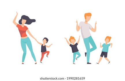 Padres y sus hijos se divierten juntos, mamá, papá y niños bailando una ilustración vectorial plana