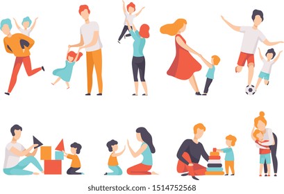 Parents and their kids having good time together set, Mom and Dad playing, doing sports, having fun with their children vector Illustrations on a white background.