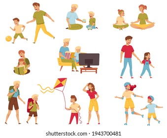 Parents and Their Kids Having Good Time Together Vector Illustration Set