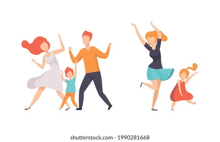 Parents and their Kids Having Good Time Together Set, Families Dancing and Having Fun Flat Vector Illustration