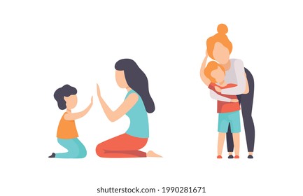 Parents and their Kids Having Good Time Together Set, Mom Playing Patty Cake and Hugging Son Flat Vector Illustration