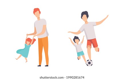 Parents and their Kids Having Good Time Together Set, Dad Swinging Daughter Holding her Hands and Playing Soccer with Son Flat Vector Illustration