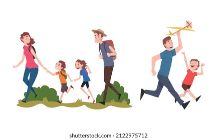 Parents and Their Kids Having Good Time Together Hiking with Backpack and Flying Toy Plane Vector Set