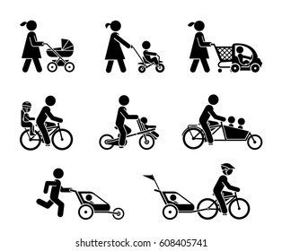 Parents and their kids on the move. Set of pictogram icons representing parents take a ride with their children on various types of bicycles and baby carriage.