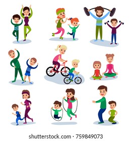 Parents and their kids training and doing sportive exercises together set, sport family concept vector Illustrations