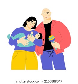 Parents with their newborn baby.  Young traditional family. Mother holding her infant kid. Happy motherhood and parenthood. Vector flat illustration