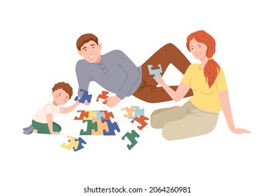 Parents and their son sitting on floor and playing puzzle board game. Family spending pastime at home together cartoon vector illustration