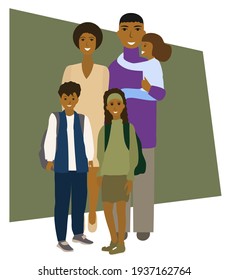 Parents with their three children. Twins and little daughter. Happy family portrait. Isolated vector illustration on a white background.