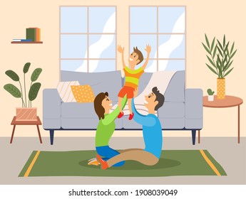Parents throwing son and Catching, Mother, father and kid flat cartoon vector illustration. Happy family spending leisure time together in living room in their apartment after work in the evening