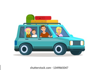 Parents Traveling with Kids Together. Happy Family Traveling by Blue Car with Luggage. Mother, Father, Daughter and Son on Vacation Isolated on White Background. Cartoon Flat Vector Illustration.