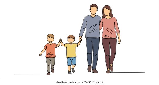 parents with two children walking hand in hand continuous single line art drawing sketch on white background