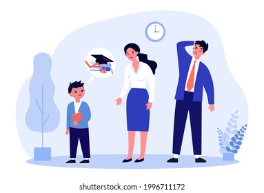 Parents upset about their sons poor school performance. Male pupil crying flat vector illustration. Bilge, education, failure, parenthood concept for banner, website design or landing web page