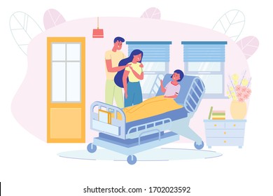 Parents Visiting Loving Daughter at Intensive Therapy Hospital Ward. Hospitalized Girl Lying in Bed. Pediatric Department in Clinic. Child Sickness and Hospitalization. Vector Illustration
