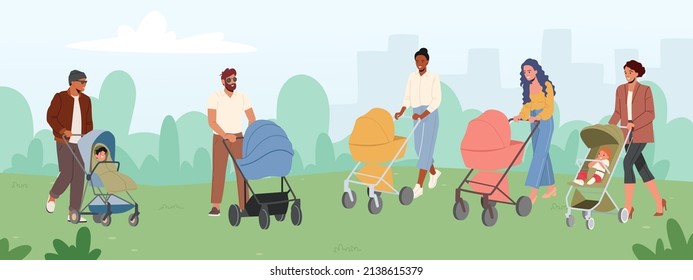 Parents Walk with Babies in Strollers at Summer City Park. Maternity and Paternity Concept. Young Moms and Dads Characters Walk Together With Children in Carriages. Cartoon People Vector Illustration